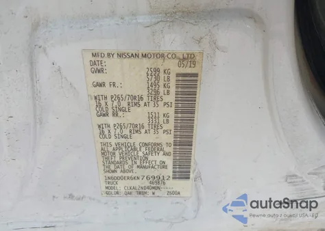 2019 Nissan Frontier Sv z USA, uszkodzony, nr VIN 1N6DD0ER6KN769912